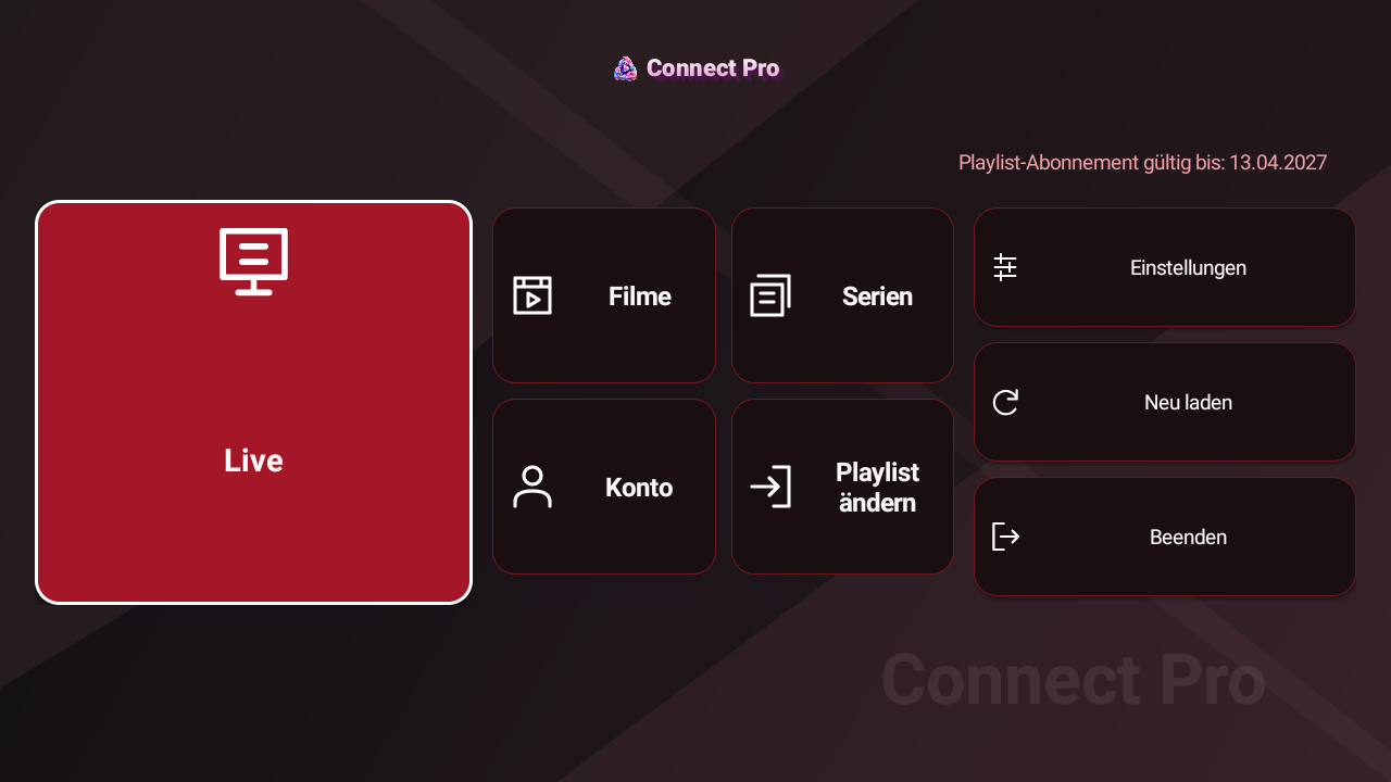 Connect Pro Oberfläche auf dem Fernsehbildschirm